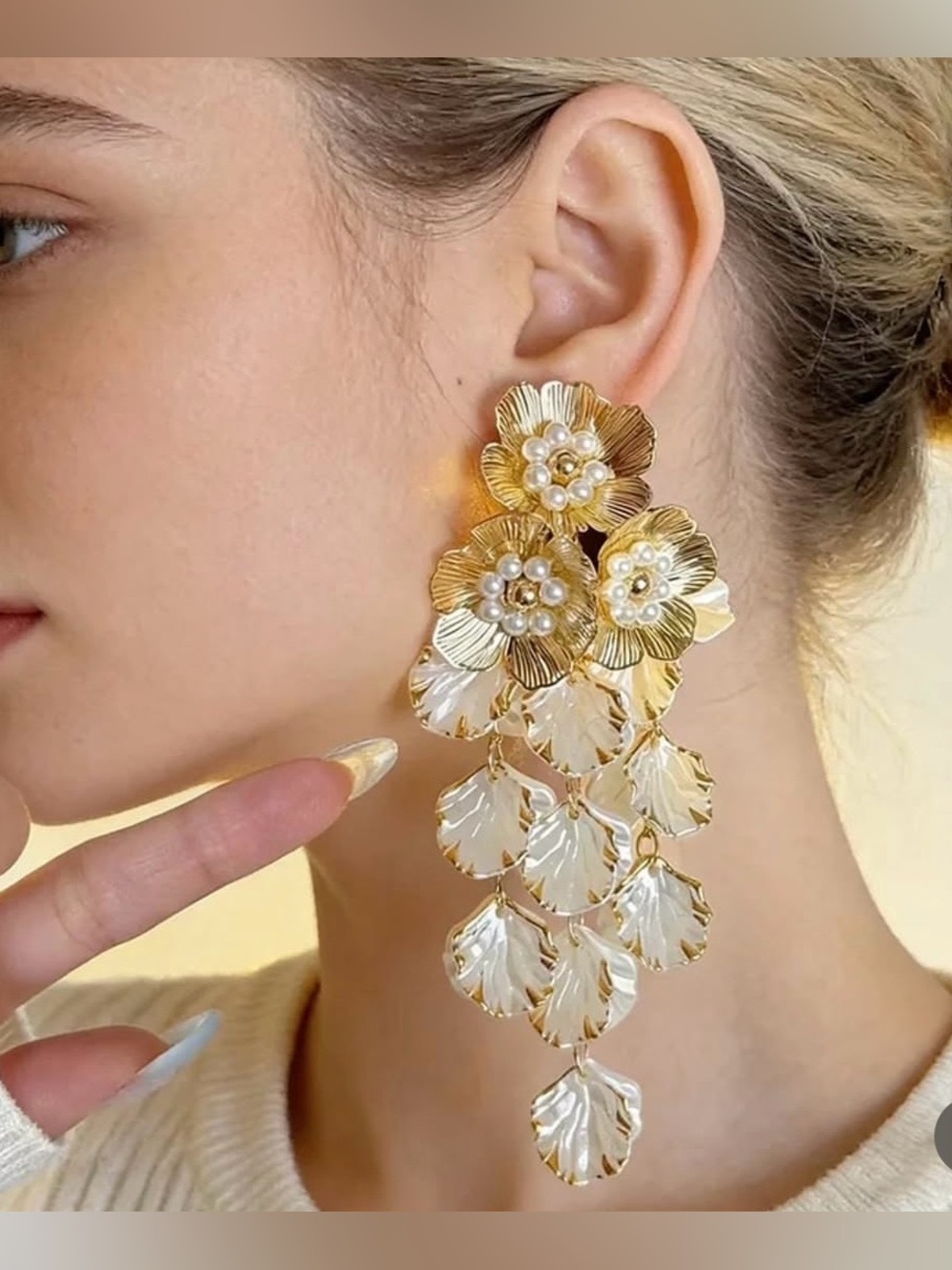 Anthro Gold Pearl Flower with cascading shells Earrings